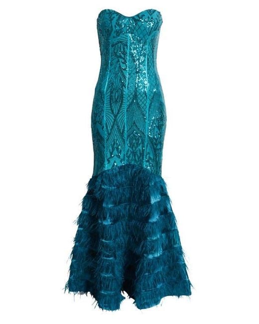 Bebe Sequin Feather Trim Strapless Gown in Blue | Lyst Bebe Sequin Feather Trim Strapless Gown in Blue | Lyst