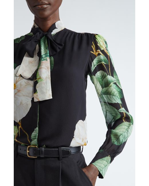 Giambattista Valli Black Giant Bloom Print Tie Neck Cashmere & Silk Button-up Shirt