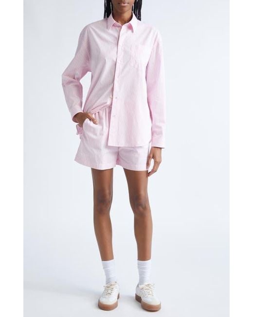 Sporty & Rich Pink Eden Script Stripe Cotton Button-Up Shirt