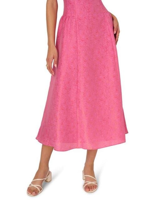 Adrianna Papell Pink Metallic Jacquard Drop Waist Midi Dress