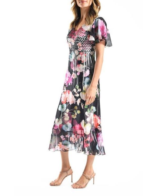 Komarov White Flutter Sleeve Charmeuse & Chiffon Midi Dress