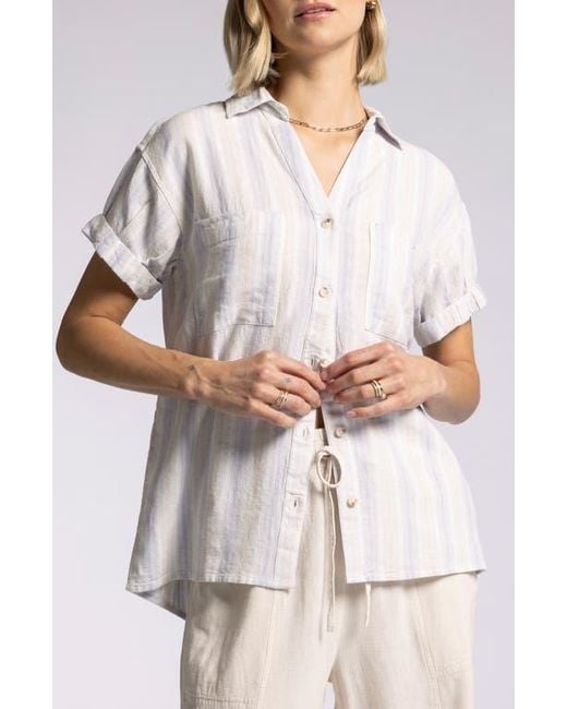 Thread & Supply White Sydney Stripe Short Sleeves Linen Blend Button-Up Shirt