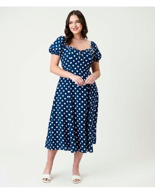 Unique Vintage Women's Blue Dot Puff Sleeve Midi Dress