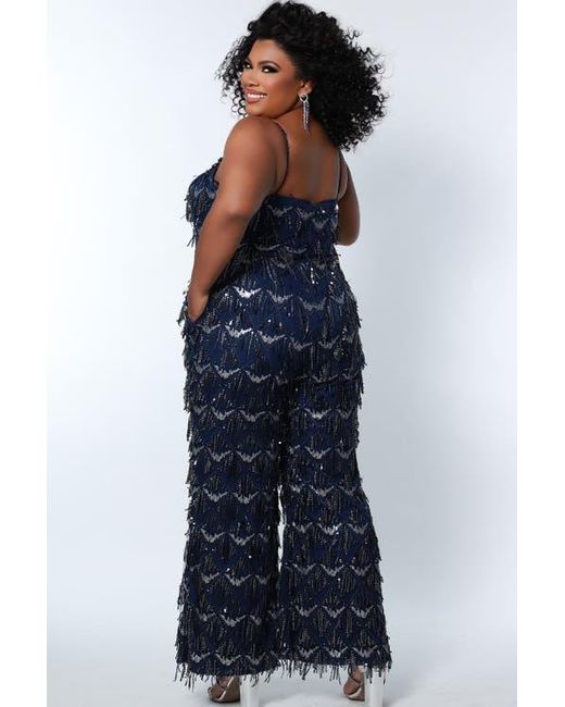 Sydney's Closet Blue Spaghetti Strap Sequin Fringe Plus Size Jumpsuit
