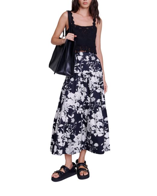Maje Blue Tiered Floral Cotton Maxi Skirt