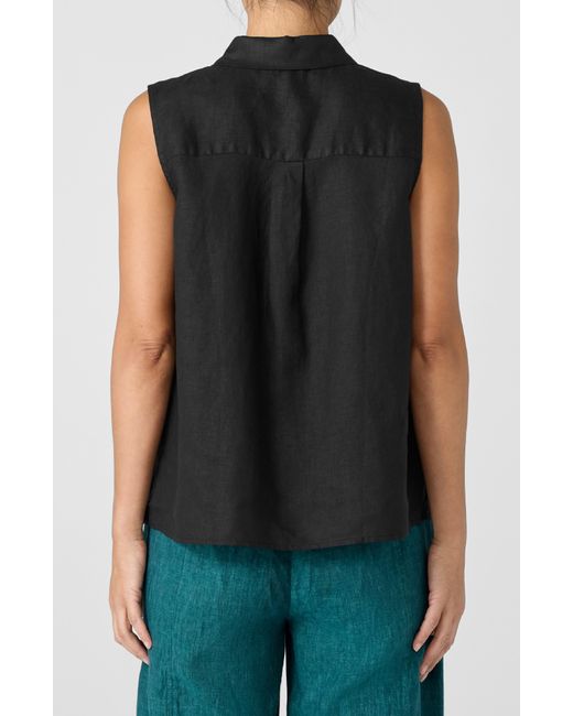 Eileen Fisher Black Classic Sleeveless Organic Linen Button-up Shirt