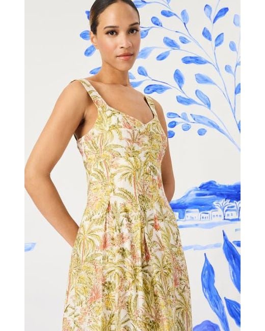 Maggy London Yellow Palm Print Empire Waist Fit & Flare Midi Dress