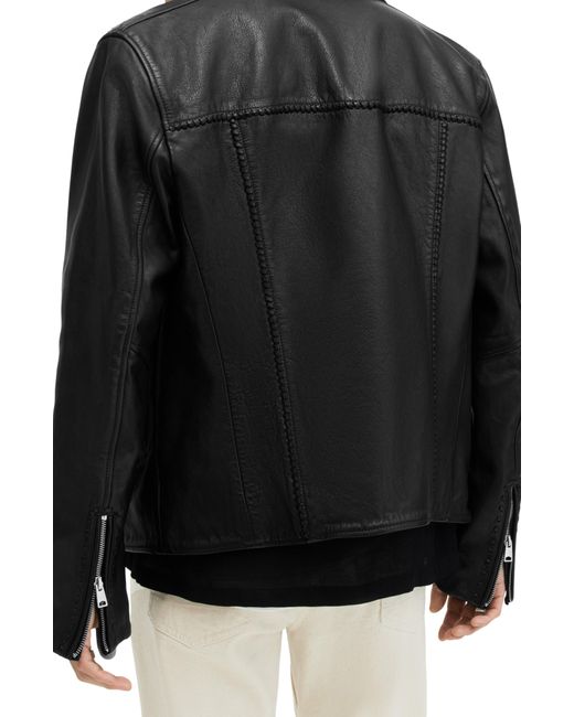 AllSaints Black Warner Relaxed Fit Whipstitch Leather Biker Jacket for men