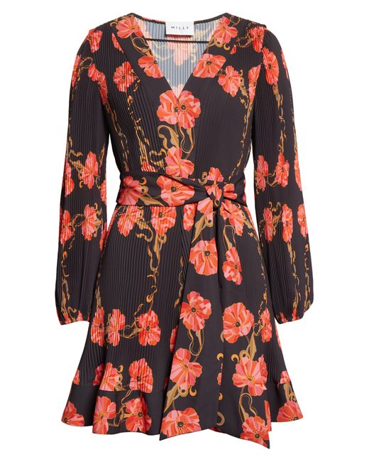 MILLY Red Liv Floral Micropleat Long Sleeve Dress