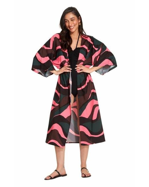 Gottex Beach Life Red Iris Midi Swim Cover Up Kimono