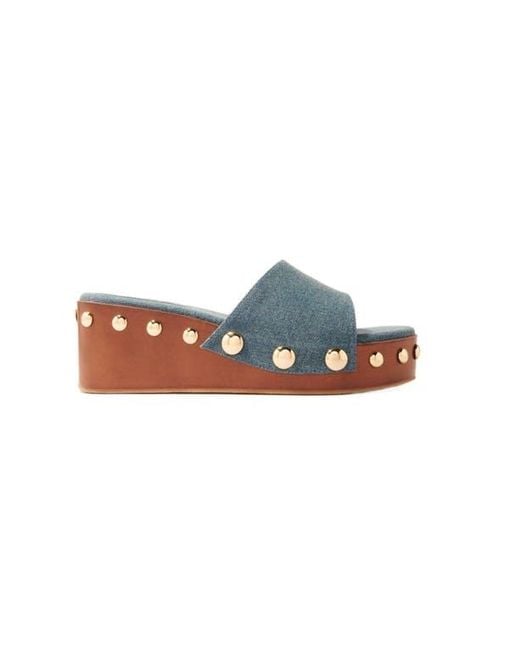 Maje Multicolor Denim Studded Wedge Mules