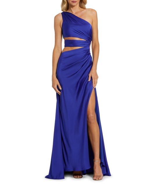 Mac Duggal Blue Cutout One-shoulder Satin Gown
