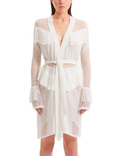Moeva White Kenga Knitted Knee-Length Long-Sleeve Belted Kaftan