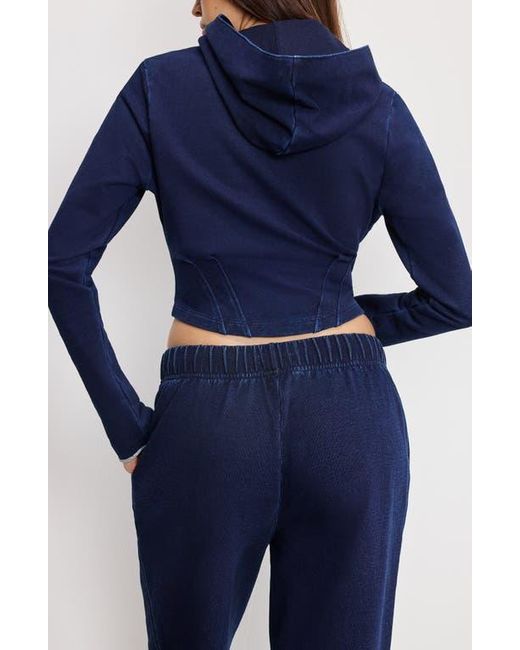GOOD AMERICAN Blue Jeanius Crop Corset French Terry Hoodie