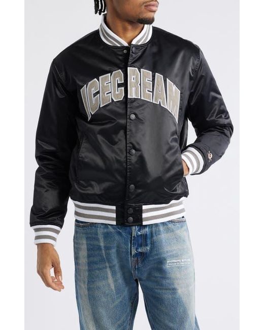 ICECREAM Black University Satin Graphic Snap-Up Jacket for men