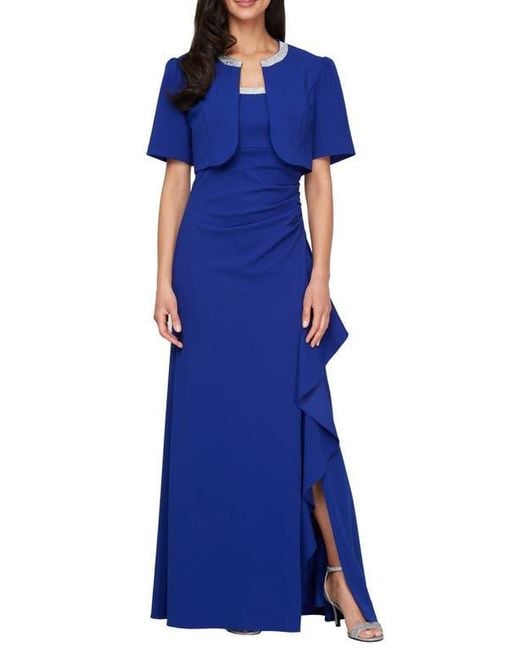 Alex Evenings Blue Bead Detail Stretch Crepe Gown With Bolero Jacket