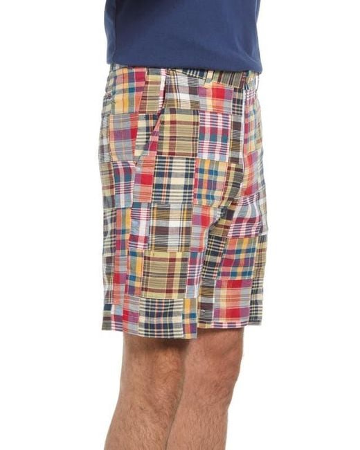 Berle Blue Patchwork Madras Flat Front Shorts for men