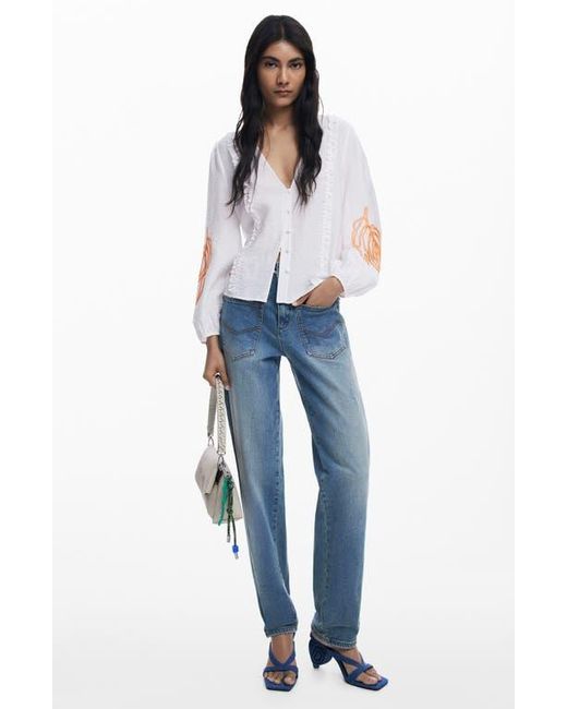 Desigual White Embroidered Hammered Satin Top