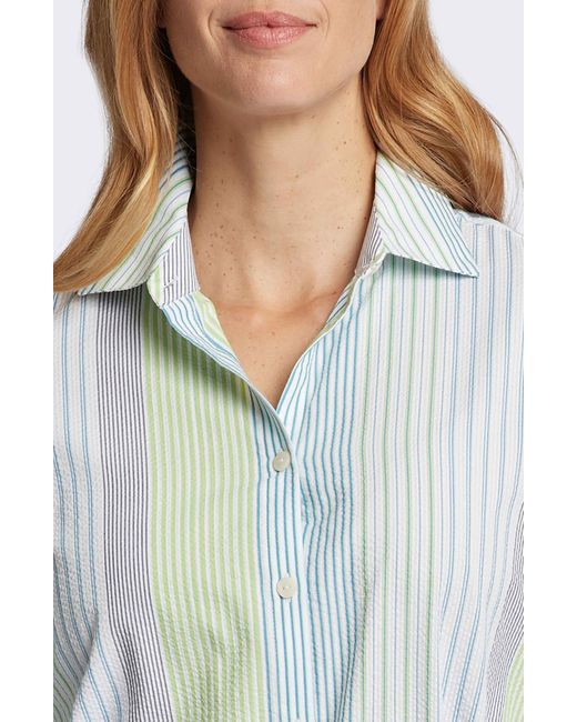 Foxcroft Blue Rocca Stripe Belted Three-quarter Sleeve Shirtdress