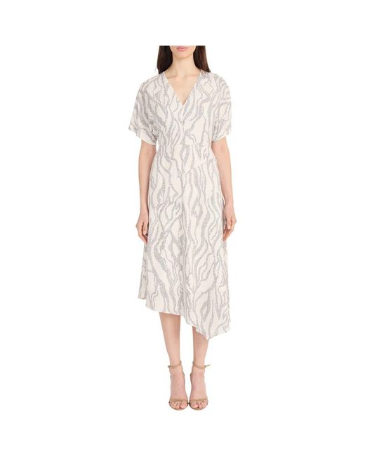 Maggy London White Abstract Print Asymmetric Midi Dress