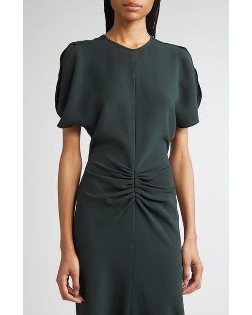 Victoria Beckham Black Gathered Waist Crepe Midi Dress