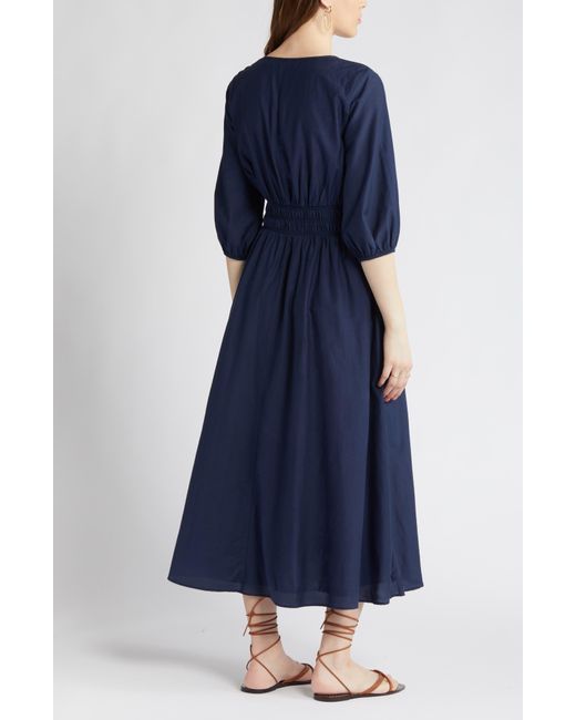 Nordstrom Blue Smocked Waist Cotton & Silk Dress
