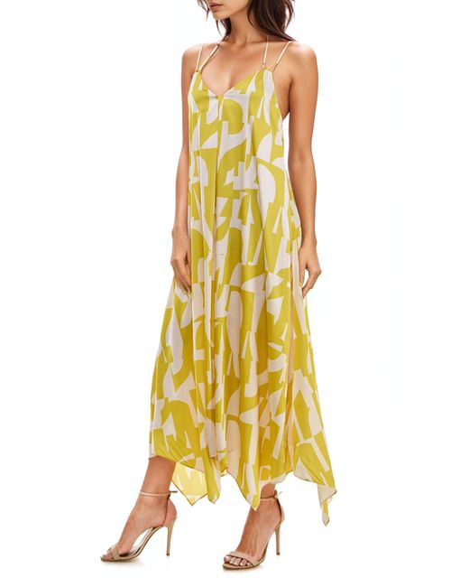 Socialite Yellow Geo Print Handkerchief Hem Midi Dress