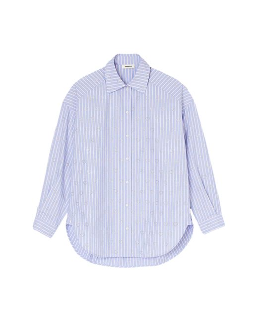 Sandro Blue Valentine Stripe Rhinestone Heart Cotton Button-up Shirt
