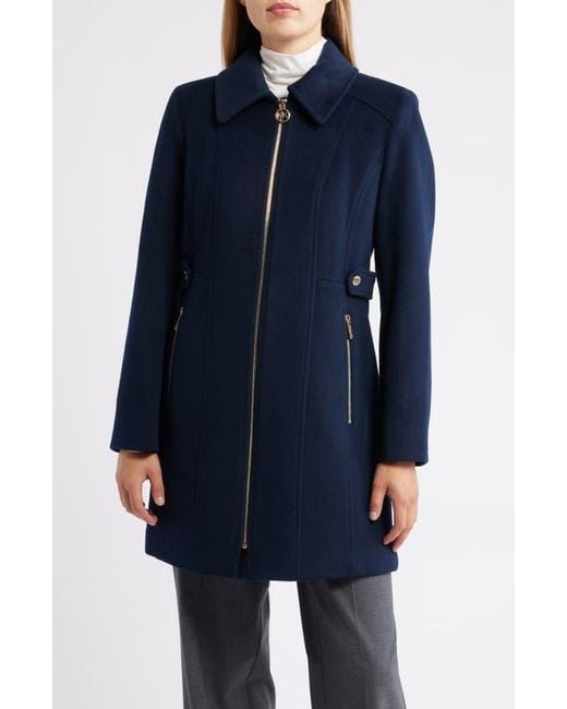 Michael Kors Blue Front Zip Wool Blend Coat