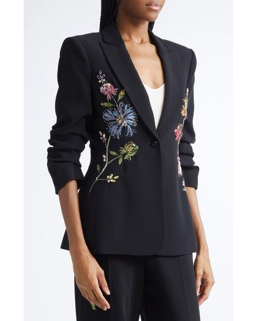 Cinq À Sept Black Sequin Floral Scrunched Sleeve Blazer
