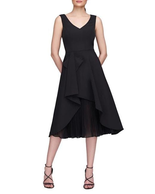 Kay Unger Black Begonia Crepe & Chiffon Midi A-Line Dress