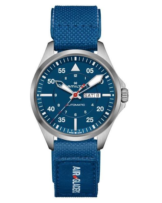Hamilton Blue Khaki Aviation Pilot Automatic Leather Strap Watch, 42Mm for men