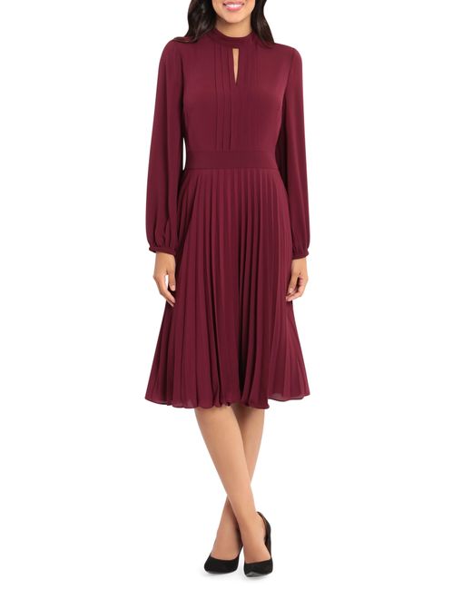 Maggy London Red Pleated Long Sleeve Midi Dress