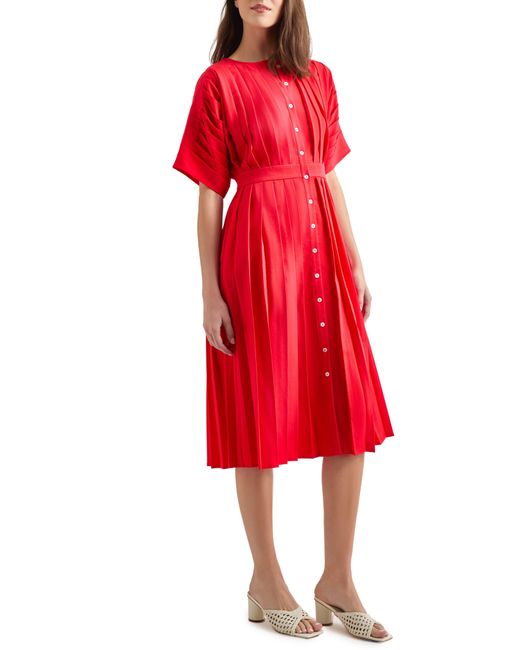 Misook Red Pleated Fit & Flare Midi Dress