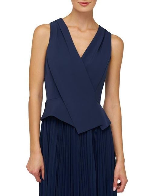 Kay Unger Blue Orella Pleated Mixed Media Cocktail Dress