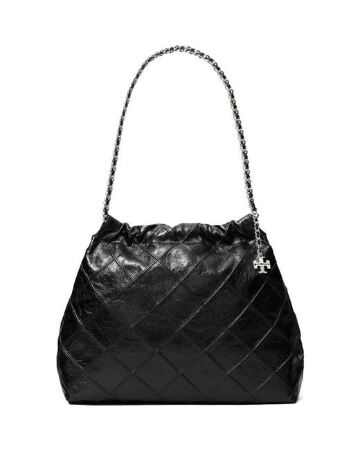 Tory Burch Black Fleming Distressed Quilted Leather Hobo Bag