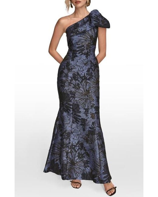 Donna Karan Blue Metallic One-Shoulder Jacquard Mermaid Gown