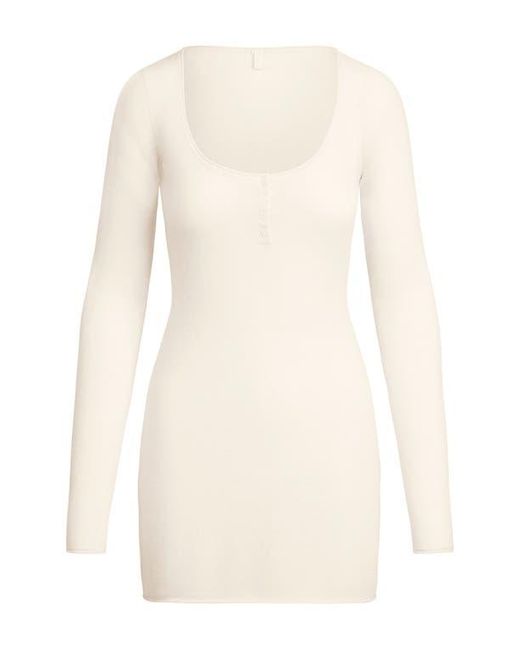 Skims White Long Sleeve Cashmere Henley Minidress