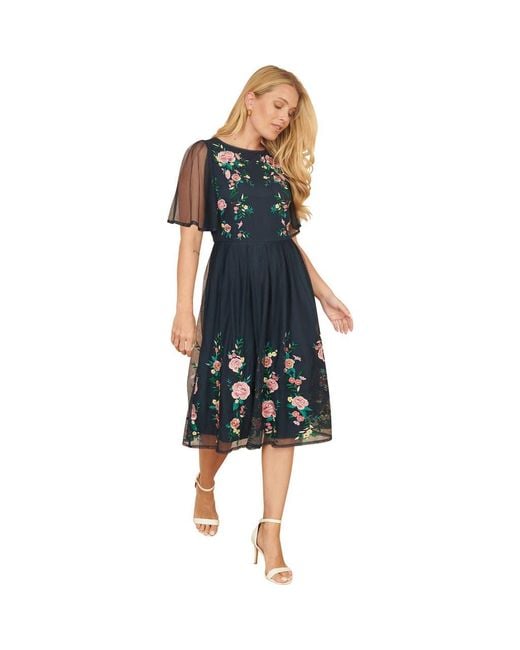 Yumi' Blue Embroidered Mesh Sleeve Prom Dress