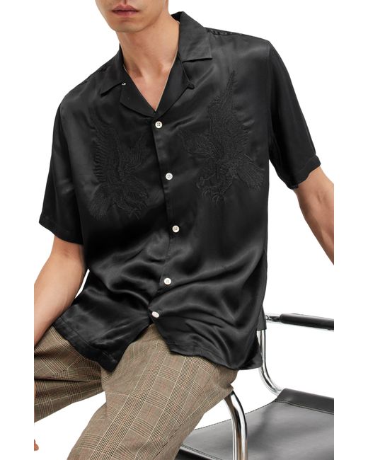 AllSaints Black Aquila Embroidered Eagle Convertible Collar Camp Shirt for men