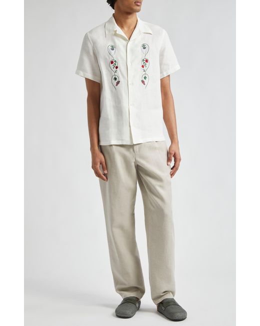 De Bonne Facture White Embroidered Linen Camp Shirt for men