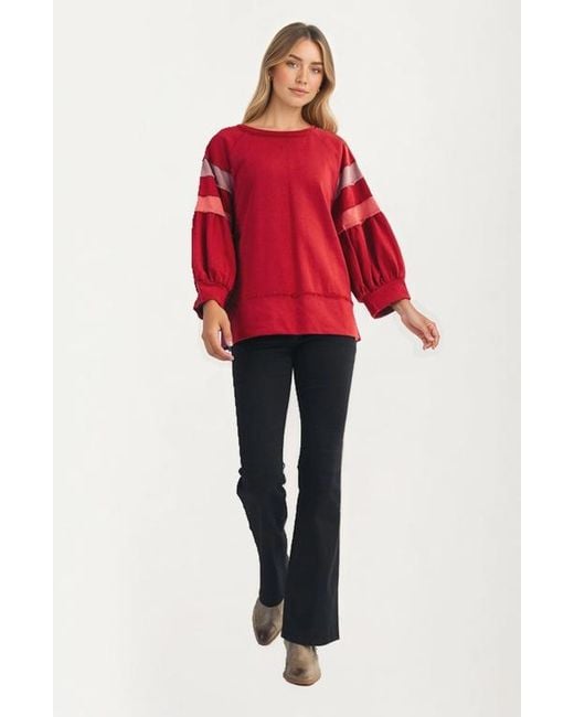 Knit & Lounge Red Relaxed Crewneck Statement Sleeve Stripe Top