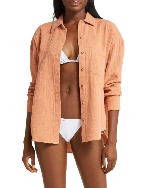 Billabong Brown Right On Cotton Gauze Cover-up Shirt