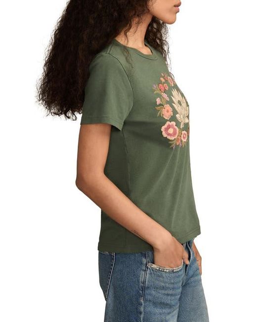 Lucky Brand Green Embroidered Lotus Cotton Graphic T-Shirt
