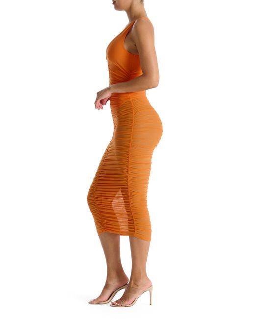 Naked Wardrobe Orange Power Mesh Ruched Midi Dress