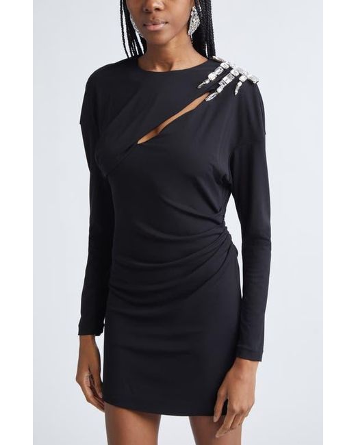 Area Black Crystal Cluster Draped Long Sleeve Jersey Minidress