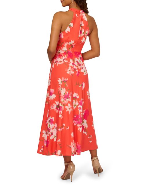 Adrianna Papell Red Floral Halter Neck Chiffon Dress
