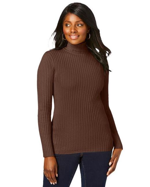 Jessica London Brown Ribbed Cotton Turtleneck Sweater