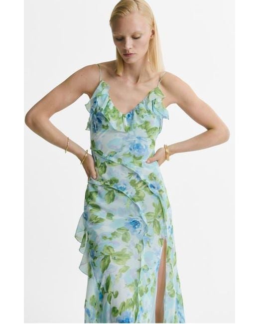 Mango Azalie Floral Ruffle Slipdress in Green | Lyst