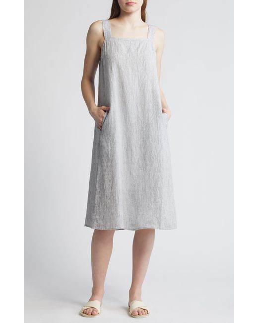 Eileen Fisher Gray Square Neck Organic Linen Midi Shift Dress
